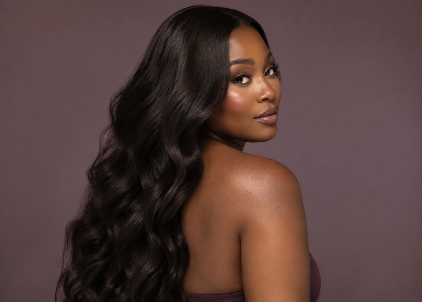 Close-up of hair extension strands blended with natural hair